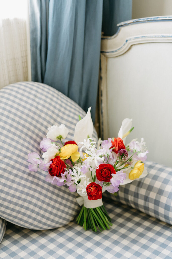 Colorful red, yellow, white, and lavender bridal bouquet in New Orleans