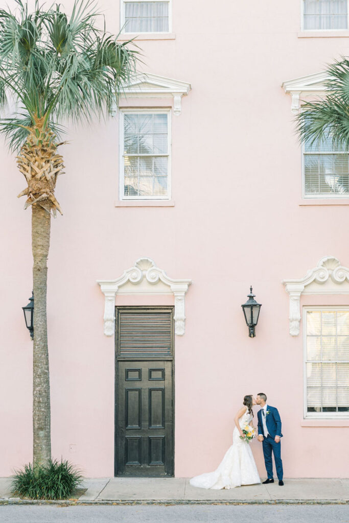 Bride and groom outside a historic Charleston venue