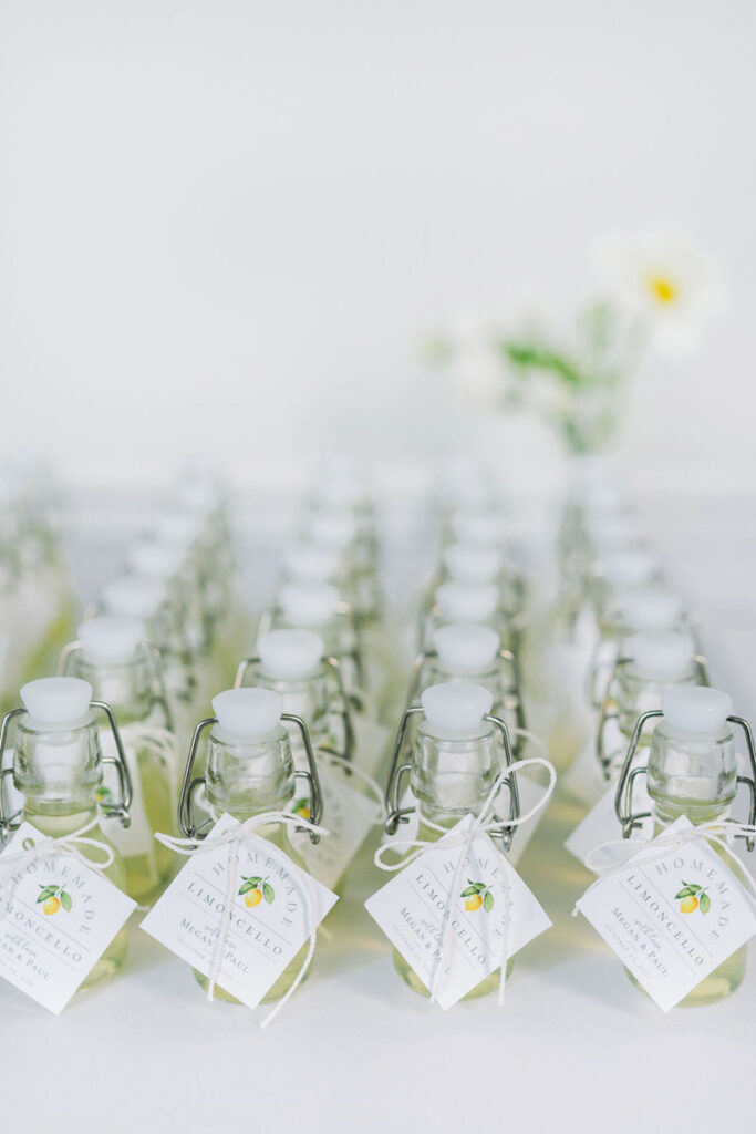 Limoncello wedding favors displayed for guests at a Charleston wedding