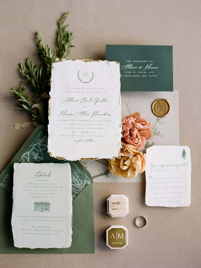 Green and ivory Vermont wedding invitation suite with floral details